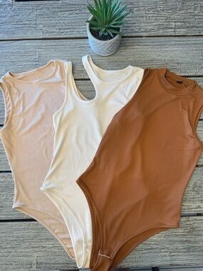 Set of 3 Sleeveless Ribbed Bodysuits - Tan, Off-white, and Brown, Sz LG/XL